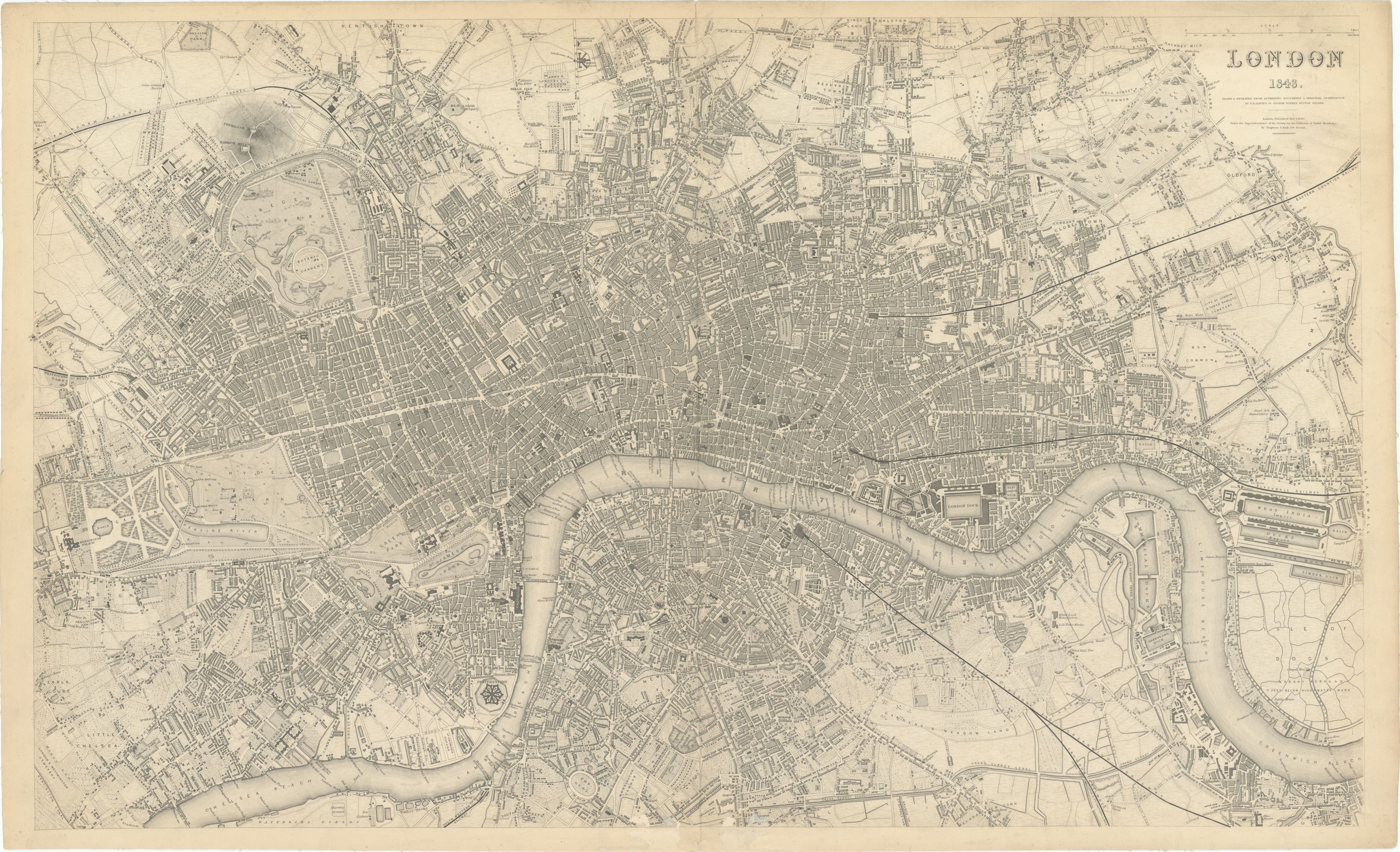 A map of London from 1843, showing a dense street grid with the River Thames in the centre. The map depicts key landmarks, buildings, roads, and parks.