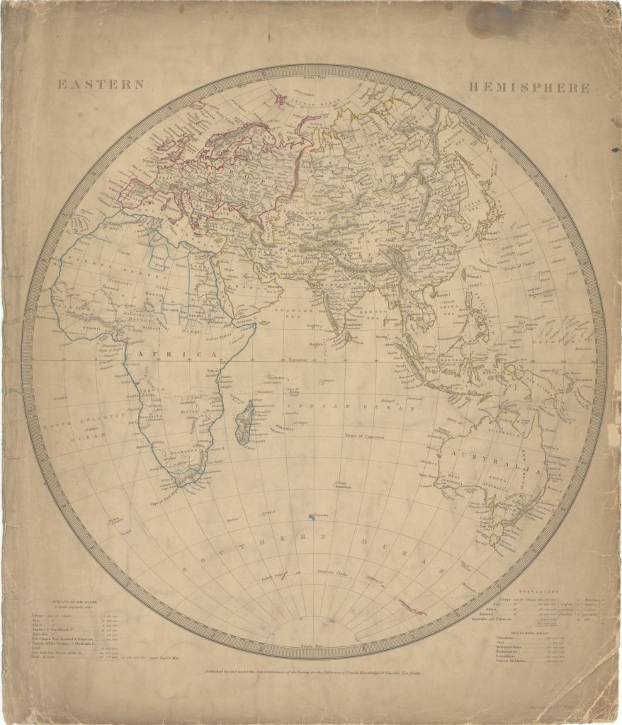 A 19th-century map of the Eastern Hemisphere, showing Europe, Africa, Asia, and Australia. Political borders are outlined in blue, red, and yellow, and countries are labelled. The map is circular and surrounded by latitude and longitude lines.